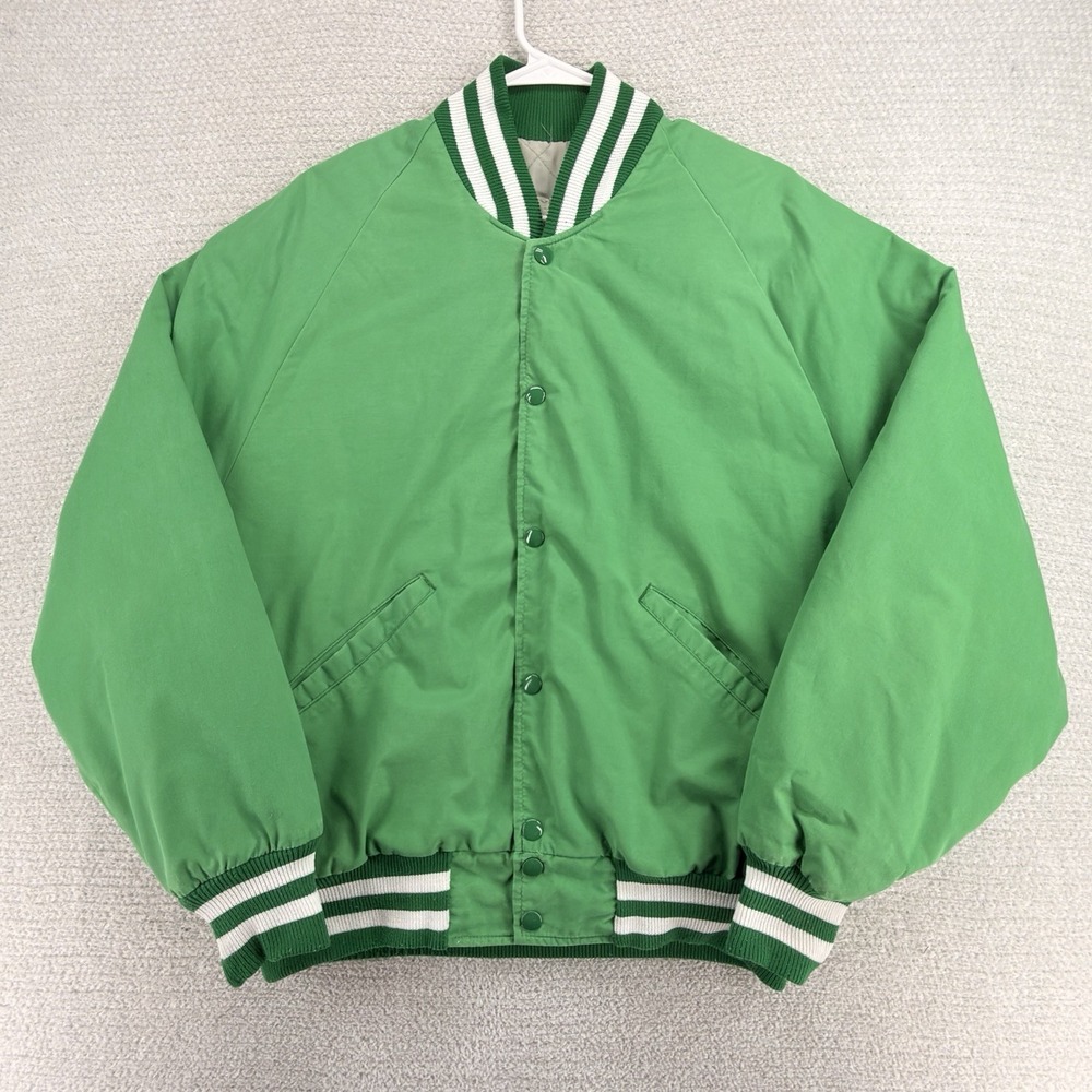 Vintage 80s DeLong Varsity Jacket Mens Large Green Blank Quilted Made in USA